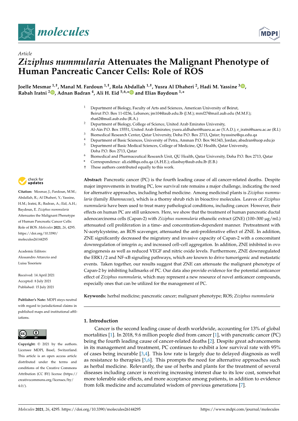 Ziziphus Nummularia Attenuates the Malignant Phenotype of Human Pancreatic Cancer Cells: Role of ROS