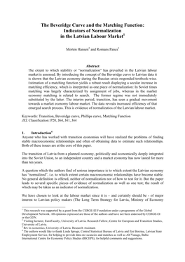 The Beveridge Curve and the Matching Function: Indicators of Normalization in the Latvian Labour Market1