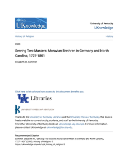 Moravian Brethren in Germany and North Carolina, 1727-1801