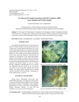 New Record of Crinoid Comanthina Belli (P.H. Carpanter, 1888) from Andaman and Nicobar Islands