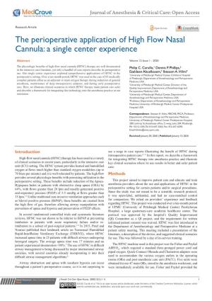 The Perioperative Application of High Flow Nasal Cannula: a Single Center Experience