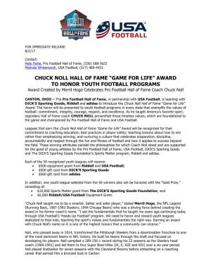 CHUCK NOLL HALL of FAME “GAME for LIFE” AWARD to HONOR YOUTH FOOTBALL PROGRAMS Award Created by Merril Hoge Celebrates Pro Football Hall of Fame Coach Chuck Noll