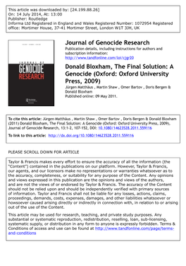 Journal of Genocide Research Donald Bloxham, the Final Solution