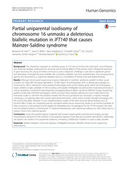 Partial Uniparental Isodisomy of Chromosome 16 Unmasks a Deleterious Biallelic Mutation in IFT140 That Causes Mainzer-Saldino Syndrome Benjamin M