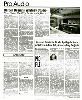 Pro Audio Berger Designs Whitney Studio New Home Facility Is State of the Art by PAUL VERNA the Way She Liked to Live and the Things Says RBDG Consultant Knowles