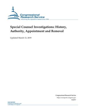Special Counsel Investigations: History, Authority, Appointment and Removal