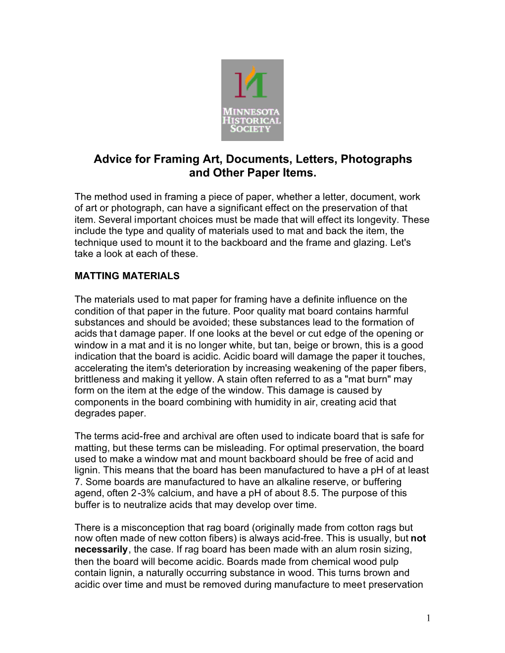 Framing Papers and Photos for Display and Preservation (PDF)