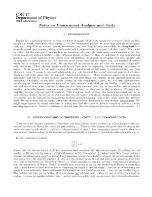 Department of Physics Notes on Dimensional Analysis and Units