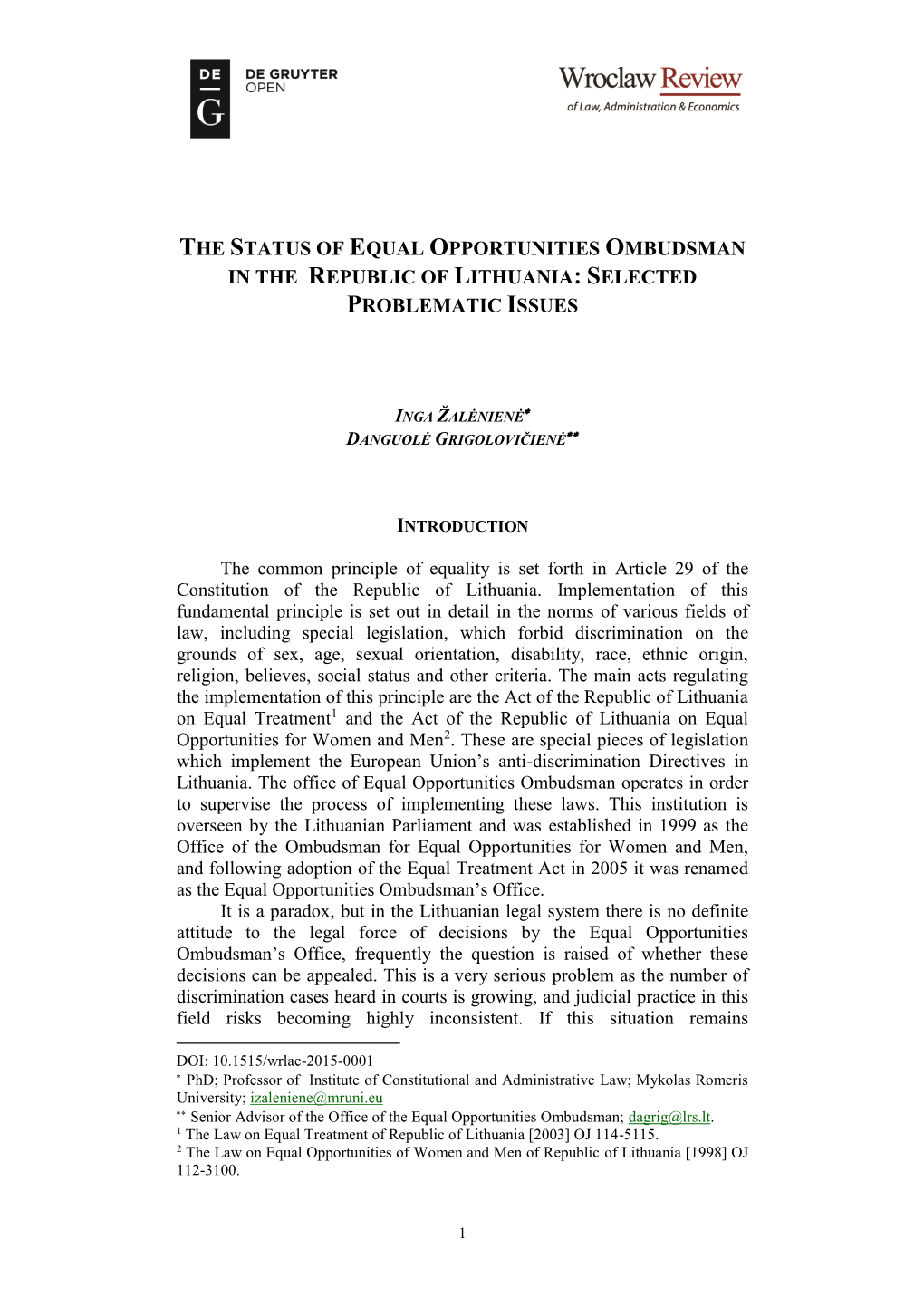 The Status of Equal Opportunities Ombudsman in the Republic of Lithuania: Selected Problematic Issues