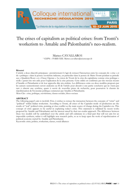 The Crises of Capitalism As Political Crises: from Tronti's Workerism To