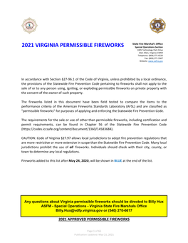 2021 Virginia Permissible Fireworks List