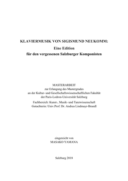 KLAVIERMUSIK VON SIGISMUND NEUKOMM: Eine Edition Für Den Vergessenen Salzburger Komponisten