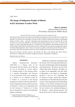 The Image of Indigenous Peoples of Siberia in D.I. Karatanov Creative Work