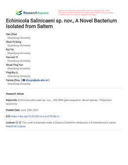 Echinicola Salinicaeni Sp. Nov., a Novel Bacterium Isolated from Saltern