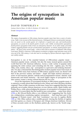 The Origins of Syncopation in American Popular Music