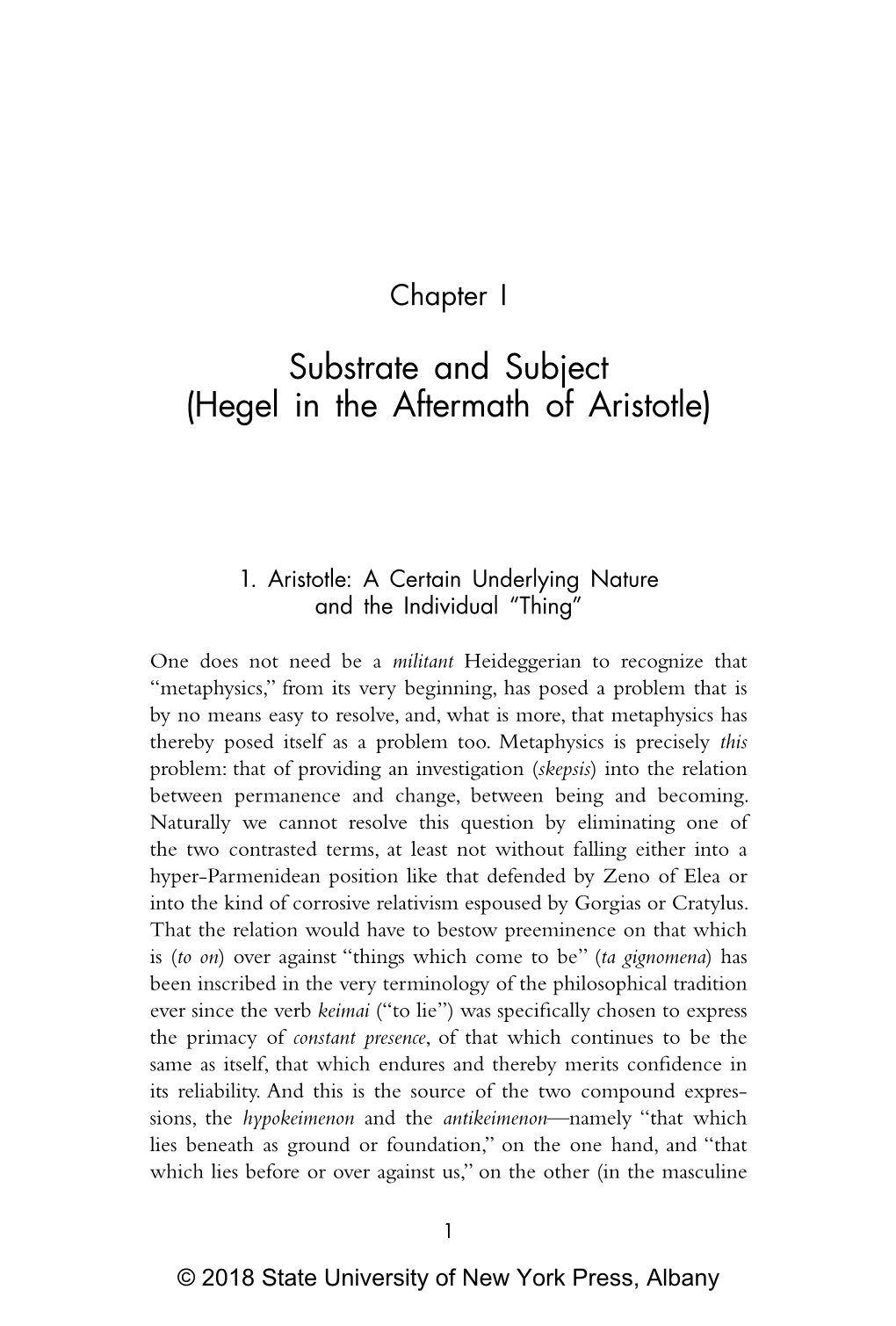 Substrate and Subject (Hegel in the Aftermath of Aristotle)