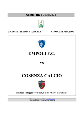 EMPOLI FC Vs COSENZA CALCIO