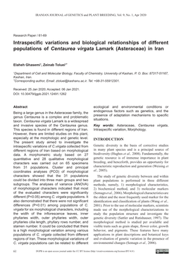 Intraspecific Variations and Biological Relationships of Different Populations of Centaurea Virgata Lamark (Asteraceae) in Iran