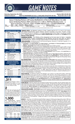 09-26-2020 Mariners Game Notes