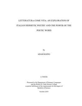 Letteratura Come Vita: an Exploration of Italian Hermetic Poetry and the Power of the Poetic Word