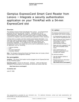 Gemplus Expresscard Smart Card Reader from Lenovo — Integrate a Security Authentication Application on Your Thinkpad with a 54-Mm Expresscard Slot