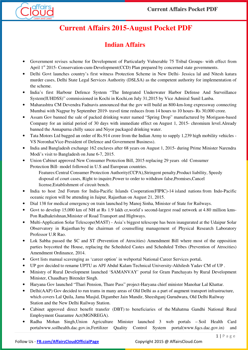 Current Affairs 2015-August Pocket PDF