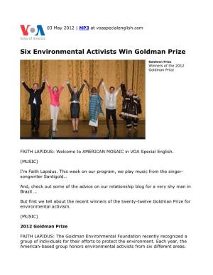 Six Environmental Activists Win Goldman Prize