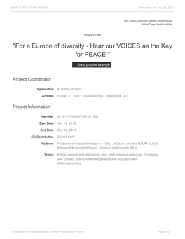 "For a Europe of Diversity - Hear Our VOICES As the Key for PEACE!"