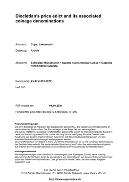 Diocletian's Price Edict and Its Associated Coinage Denominations