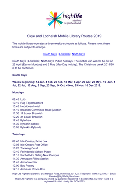 Skye and Lochalsh Mobile Library Routes 2019
