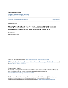 Making Vacationland: the Modern Automobility and Tourism Borderlands of Maine and New Brunswick, 1875-1939