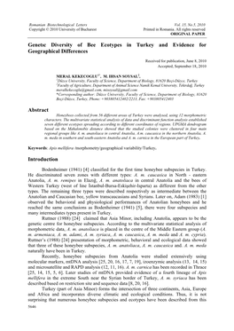 Genetıc Diversity of Bee Ecotypes in Turkey and Evidence for Geographical Differences