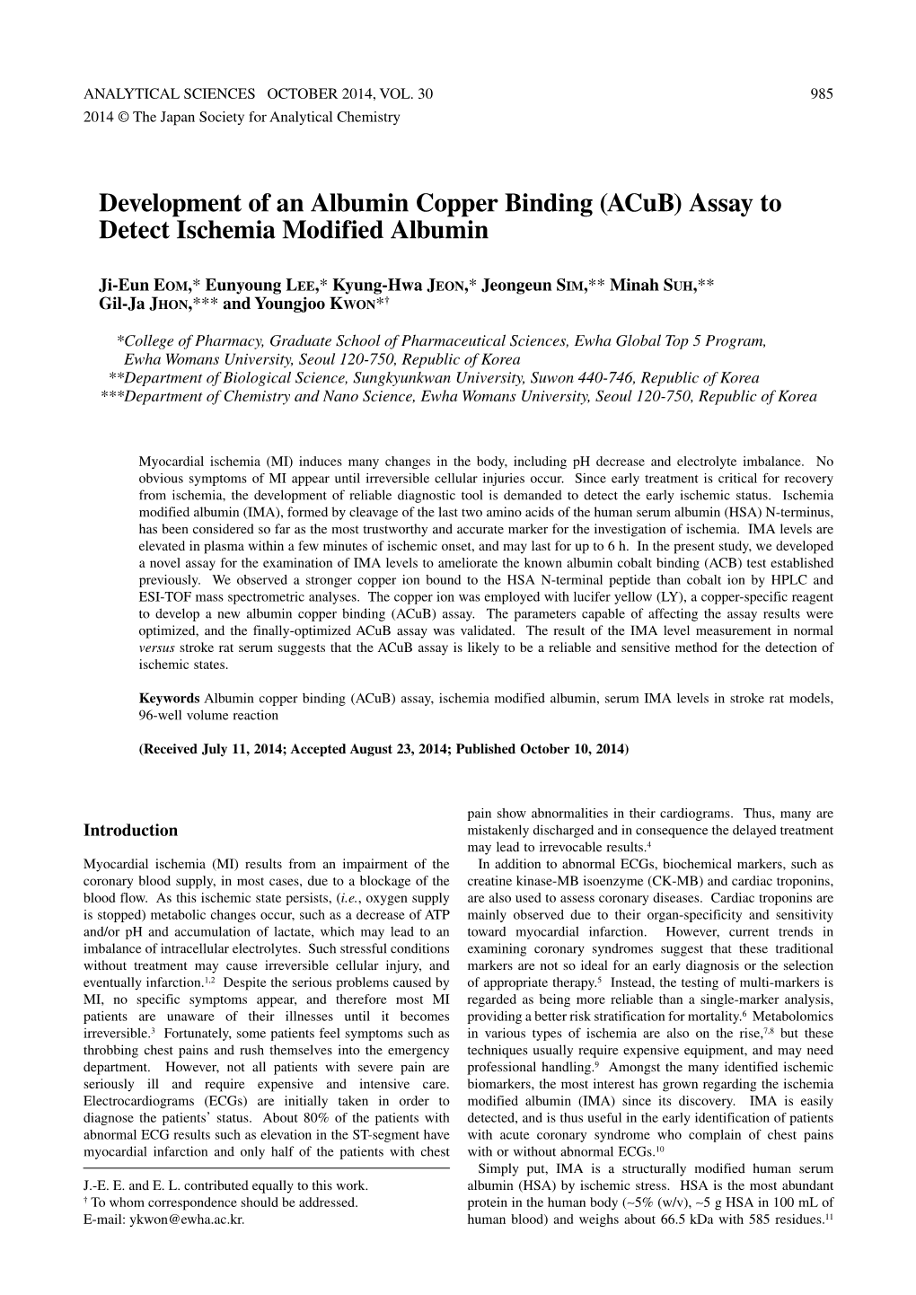 Development of an Albumin Copper Binding (Acub) Assay to Detect Ischemia Modified Albumin