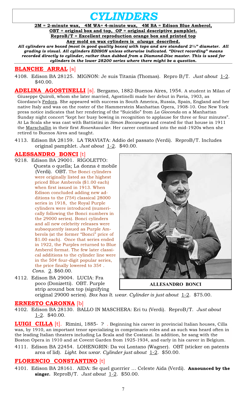 CYLINDERS 2M = 2-Minute Wax, 4M WA= 4-Minute Wax, 4M BA = Edison Blue Amberol, OBT = Original Box and Top, OP = Original Descriptive Pamphlet