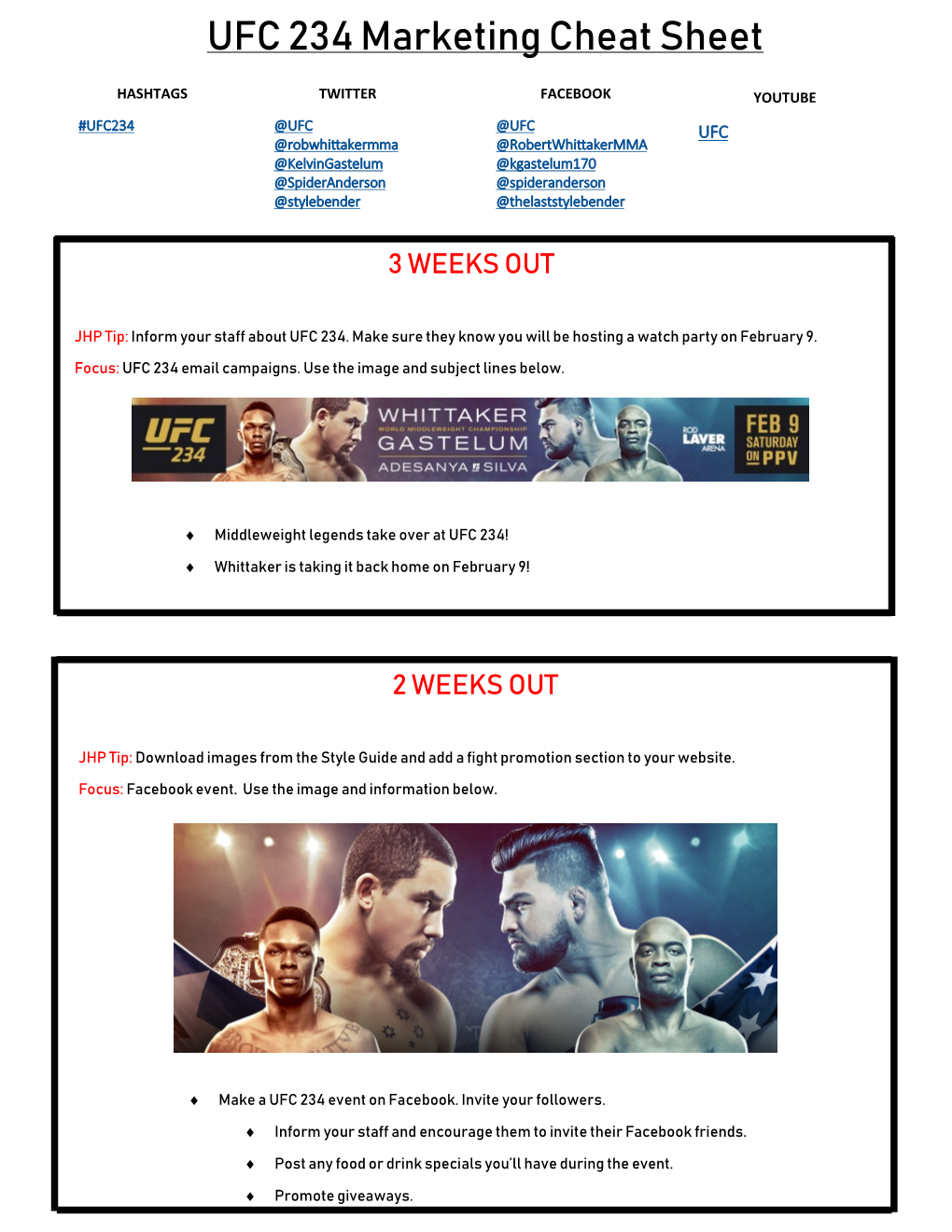 UFC 234 Marketing Cheat Sheet