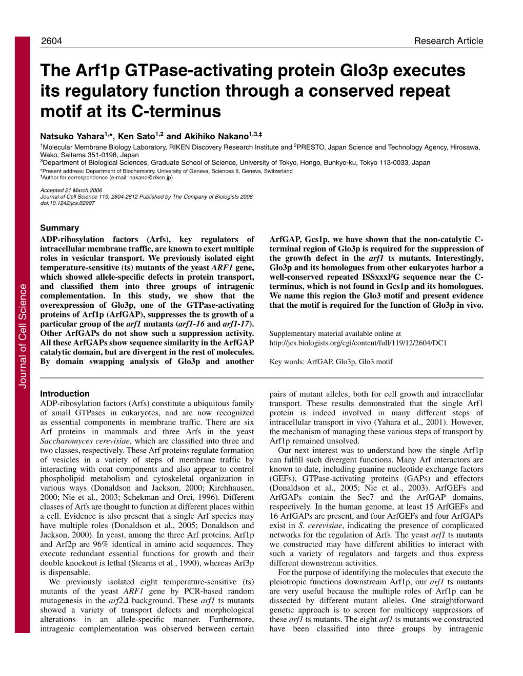 The Arf1p Gtpase-Activating Protein Glo3p Executes Its Regulatory Function Through a Conserved Repeat Motif at Its C-Terminus