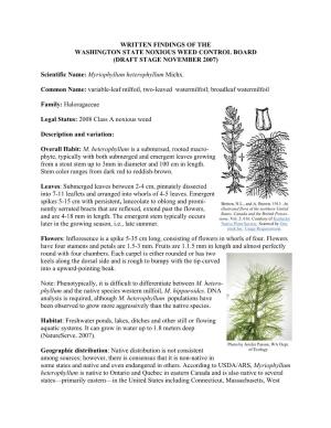 Written Findings of the Washington State Noxious Weed Control Board (Draft Stage November 2007)