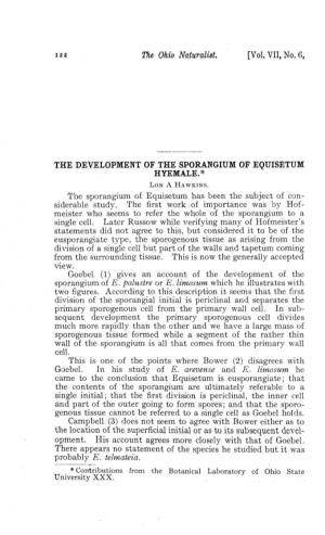 The Development of the Sporangium of Equisetum Hyemale.* Lon a Hawkins