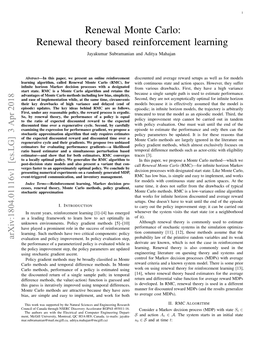 Renewal Monte Carlo: Renewal Theory Based Reinforcement Learning Jayakumar Subramanian and Aditya Mahajan