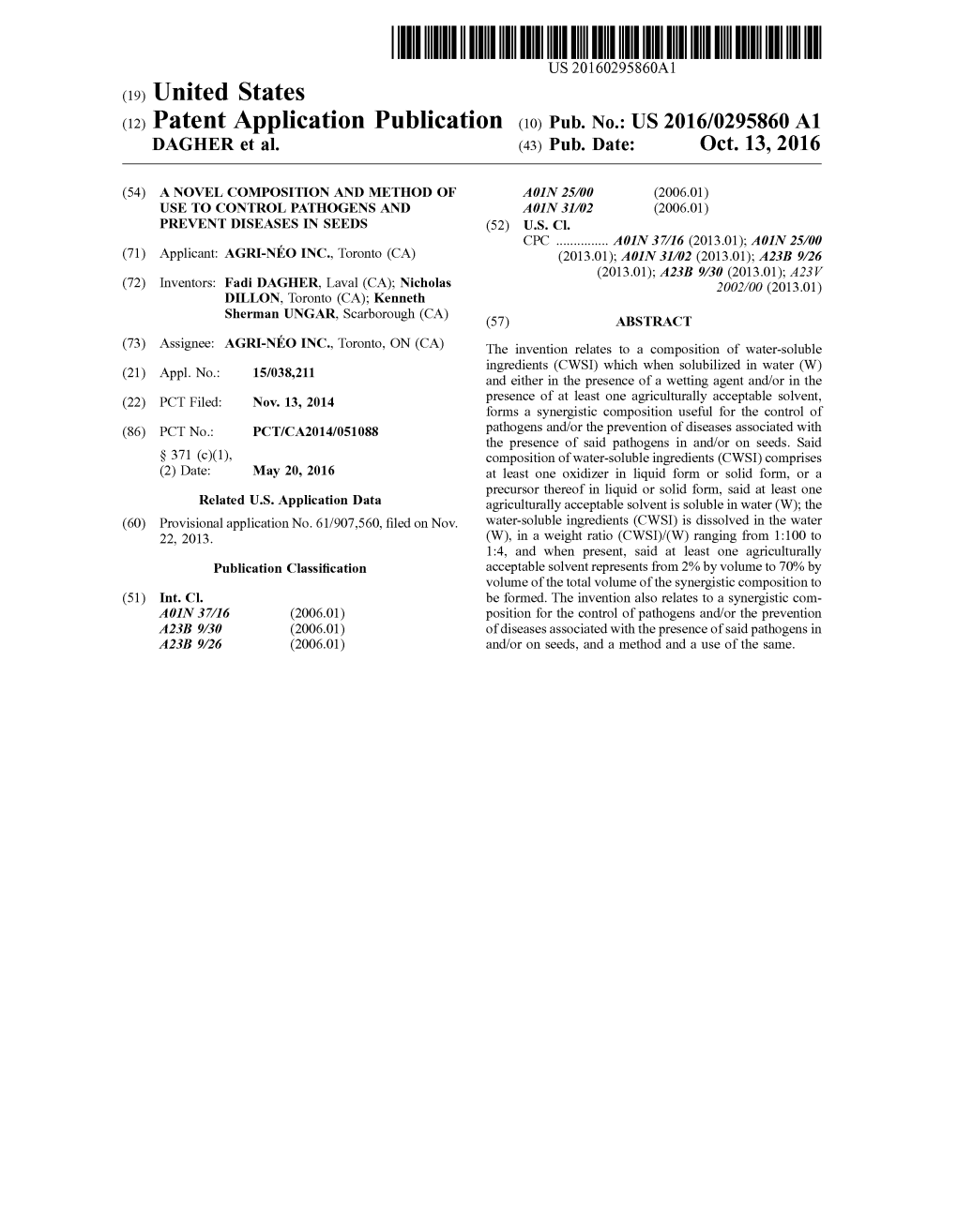 (12) Patent Application Publication (10) Pub. No.: US 2016/0295860 A1 DAGHER Et Al