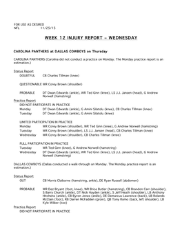 Week 12 Injury Report – Wednesday