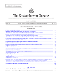 Sask Gazette, Part I, Mar 13, 2009