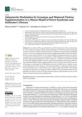 Adiponectin Modulation by Genotype and Maternal Choline Supplementation in a Mouse Model of Down Syndrome and Alzheimer’S Disease