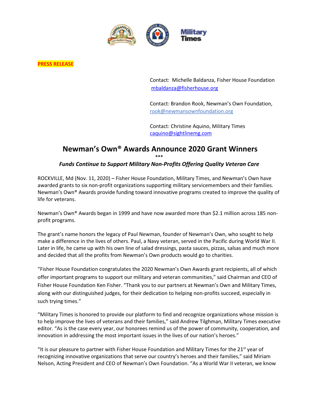 Newman's Own® Awards Announce