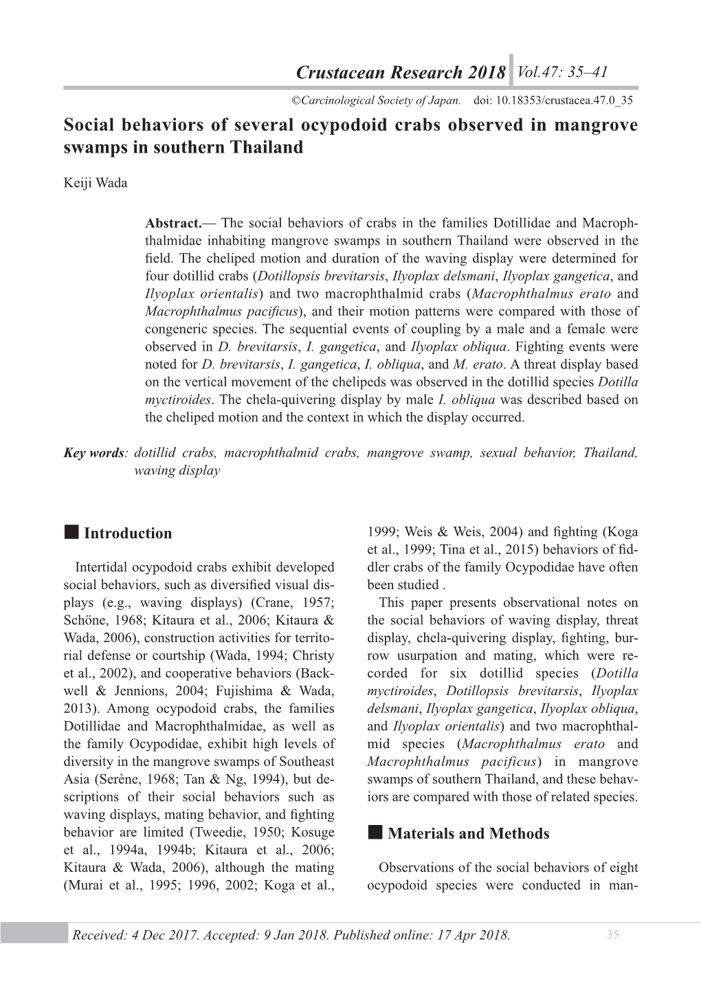 Social Behaviors of Several Ocypodoid Crabs Observed in Mangrove Swamps in Southern Thailand