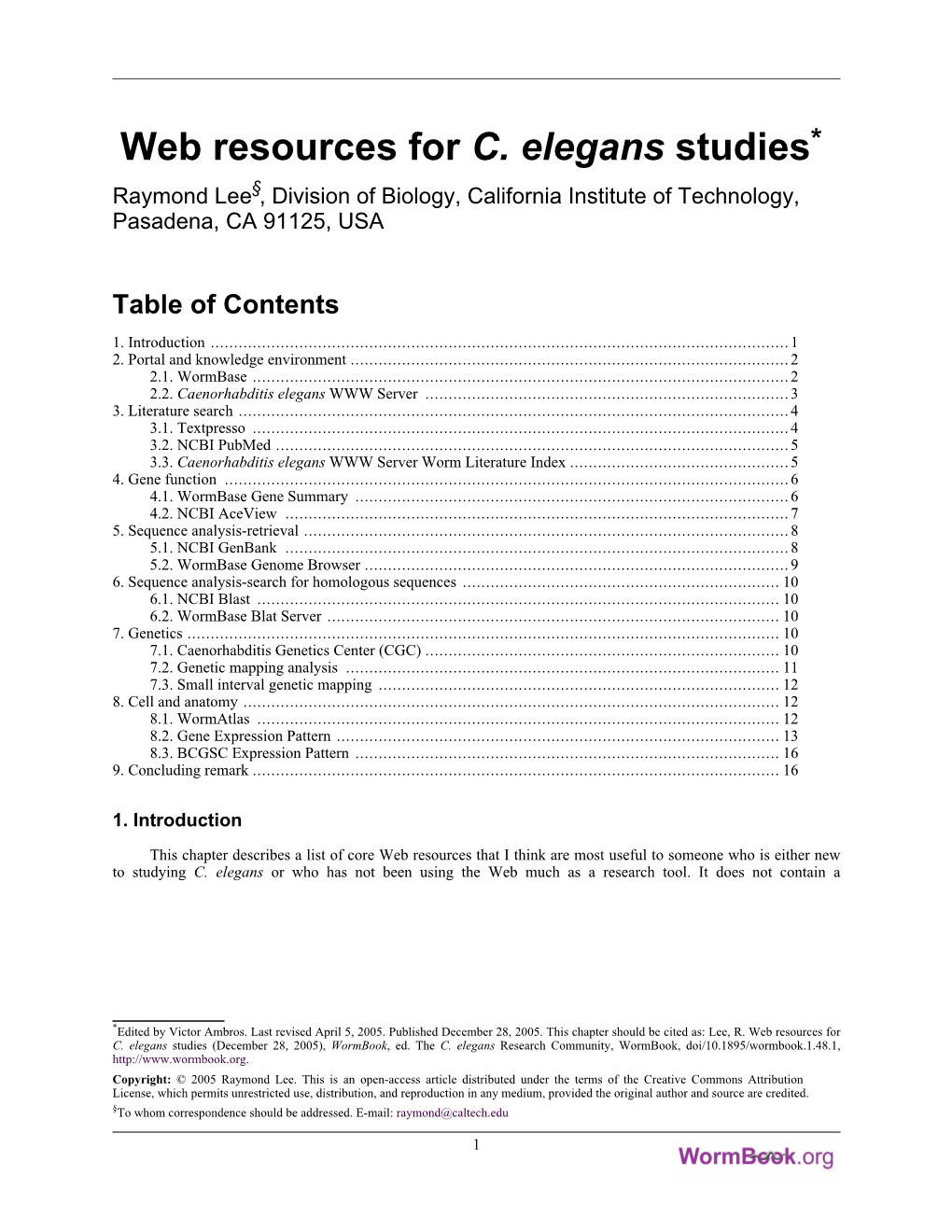 Web Resources for C. Elegans Studies* §