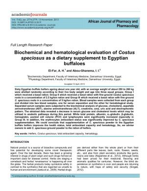 Biochemical and Hematological Evaluation of Costus Speciosus As a Dietary Supplement to Egyptian Buffaloes