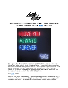 Betty Who Releases Cover of Donna Lewis' “I Love You Always Forever”—Click Here to Listen