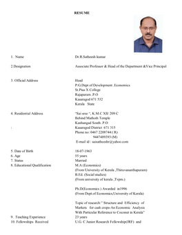 RESUME 1. Name Dr.R.Satheesh Kumar 2.Designation Associate