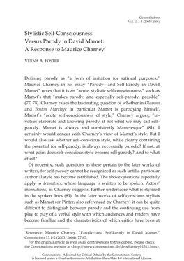 Stylistic Self-Consciousness Versus Parody in David Mamet: a Response to Maurice Charney*